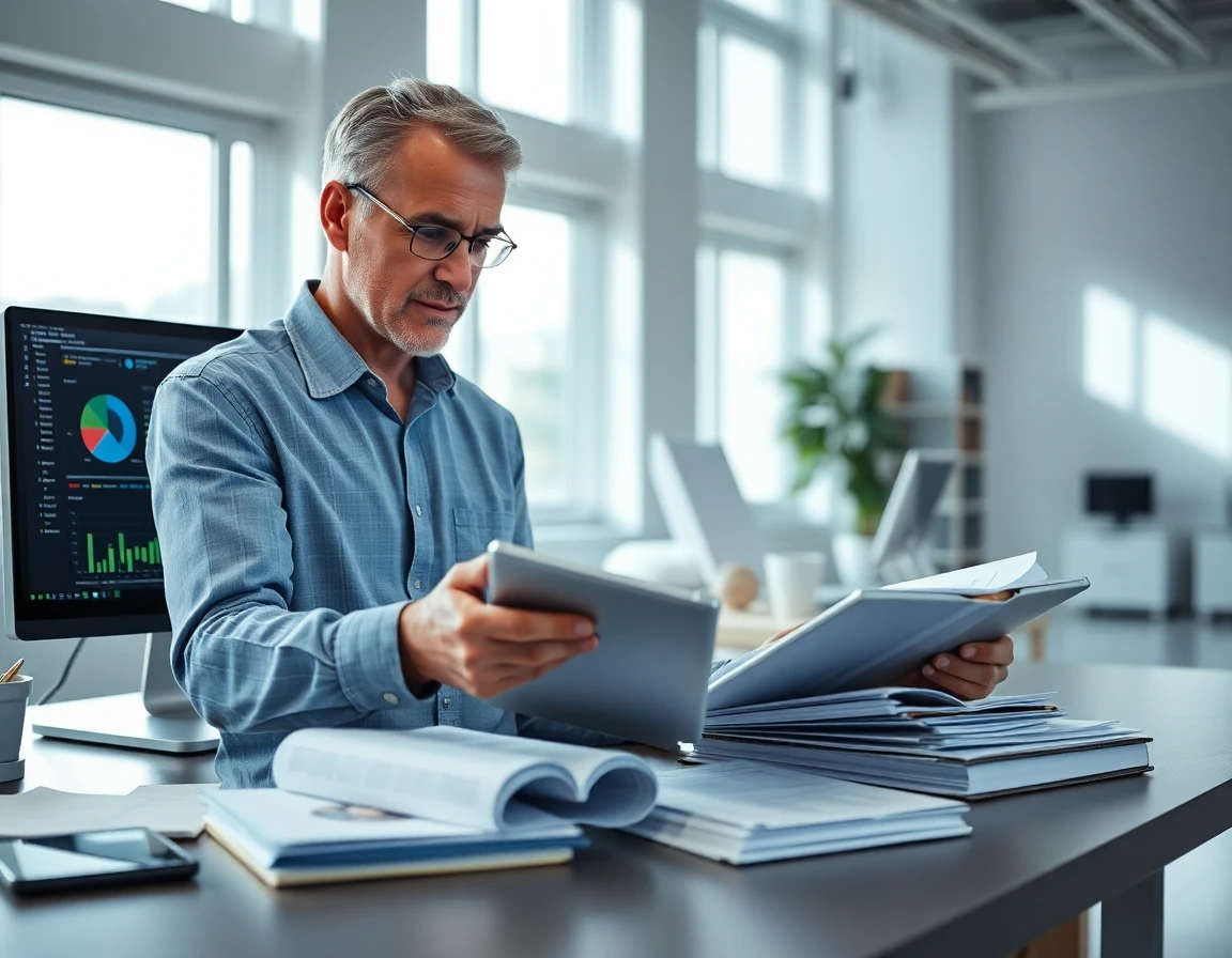 Financial analyst reviewing organized ledgers in a bright, orderly office environment