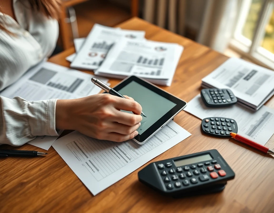 Close-up of hands taking notes on a digital tablet surrounded by financial case studies and tools