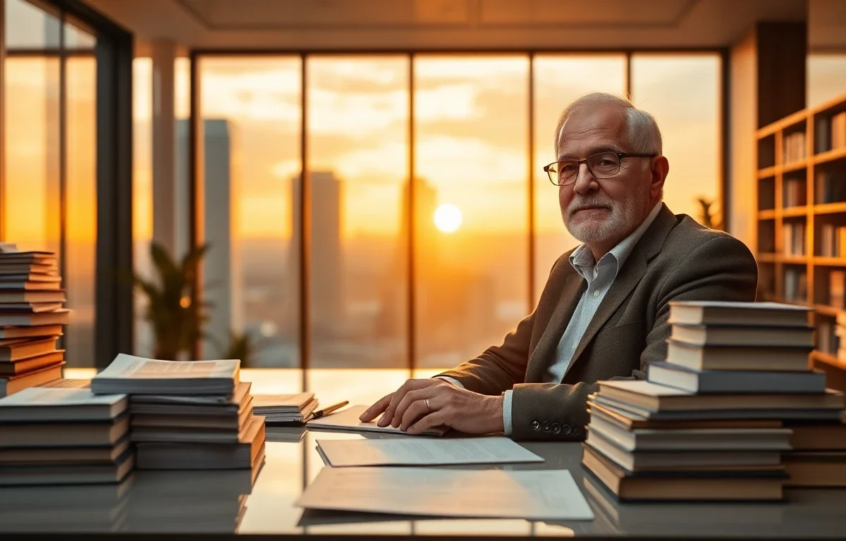 cinematic wide banner of an elderly male author in a modern office with city skyline at sunset