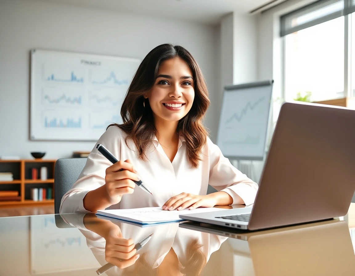 young female author in bright office with financial charts and bookshelf