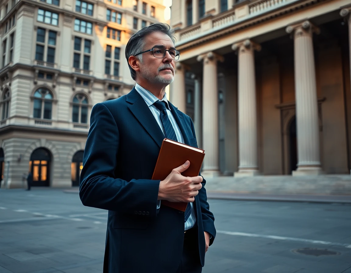 middle-aged male author outdoors in historic financial district at dawn