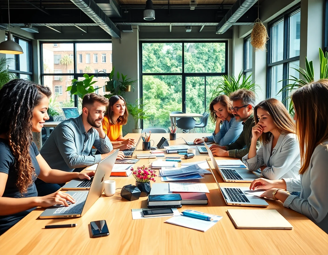 diverse group of authors collaborating in modern co-working space