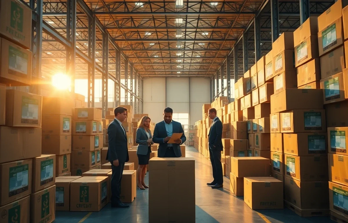 Modern warehouse with stacked boxes and professionals inspecting shipments during golden hour