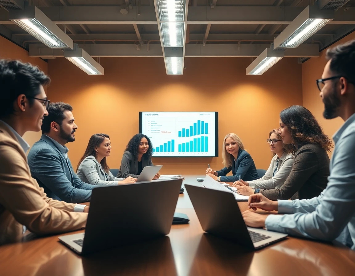 Business professionals discussing bulk order strategies in a bright conference room