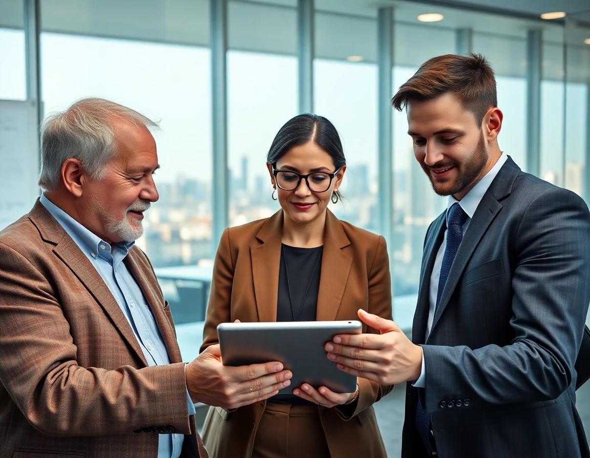 Diverse business team collaborating over financial data in a modern conference room