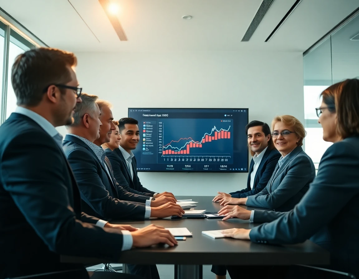 Diverse business team discussing financial data in a modern conference room