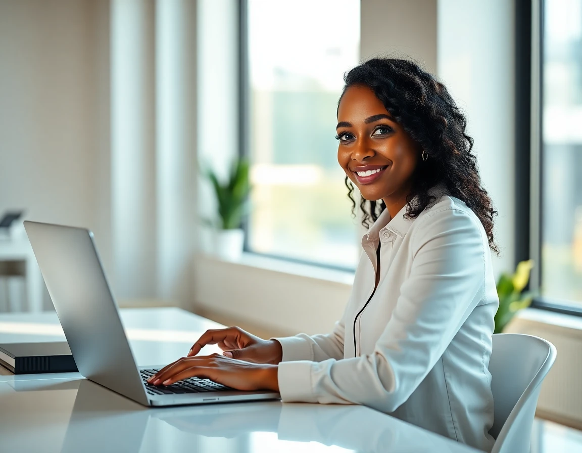 confident young businesswoman working on financial graphs at desk in bright office