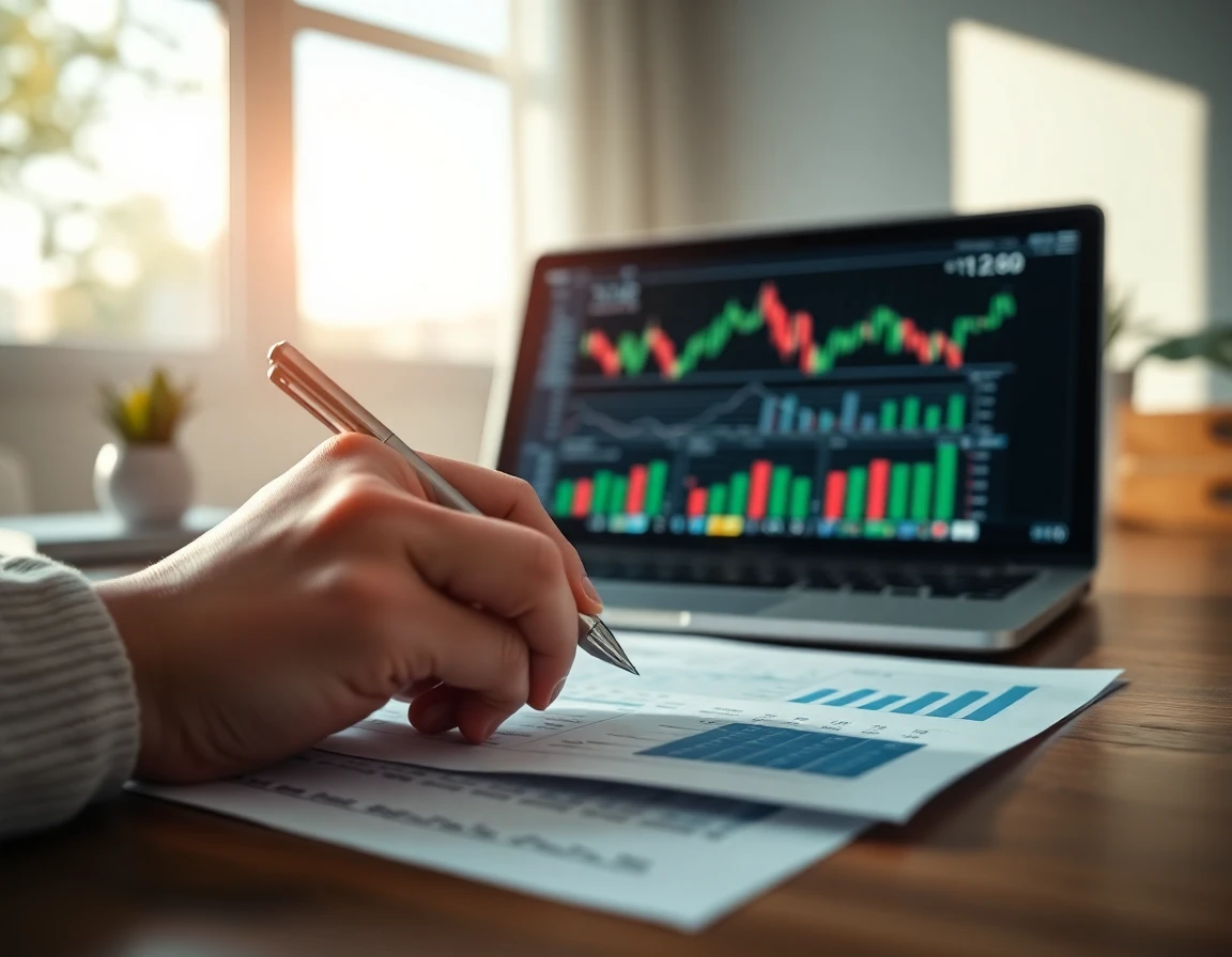 Close-up of hand with pen analyzing financial report in a bright, minimalist workspace