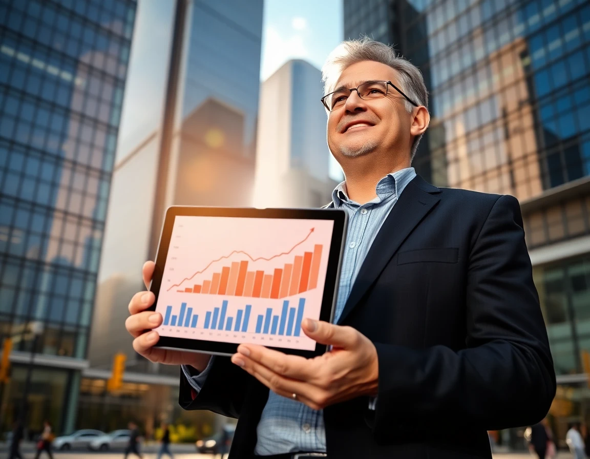 Confident financial advisor with tablet displaying growth charts in cityscape outdoors
