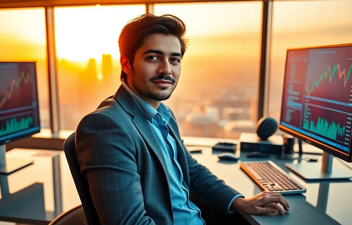 Professional young finance expert in modern office with city skyline during golden hour