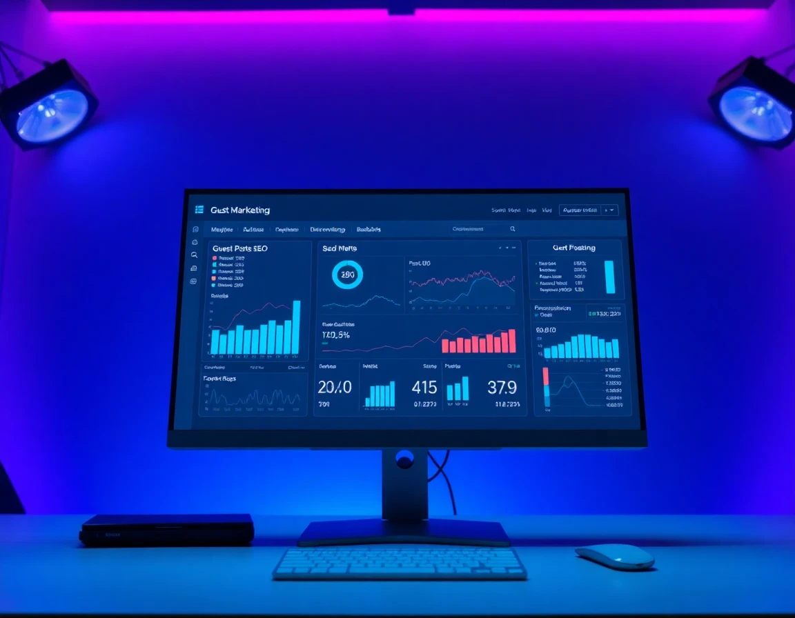 High-tech SEO dashboard on monitor showing backlinks and analytics in a dimly lit workspace