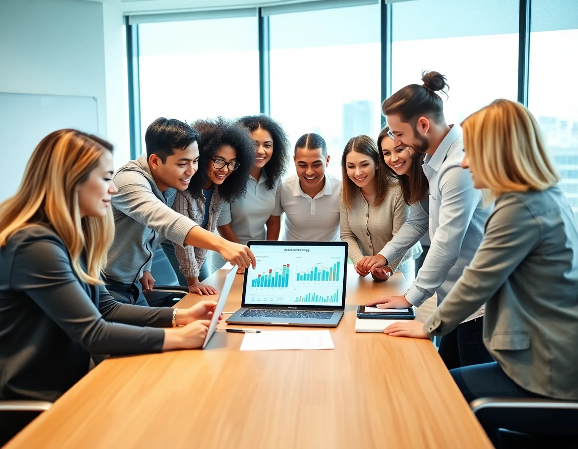 Diverse marketing team collaborating around table with digital analytics in modern office