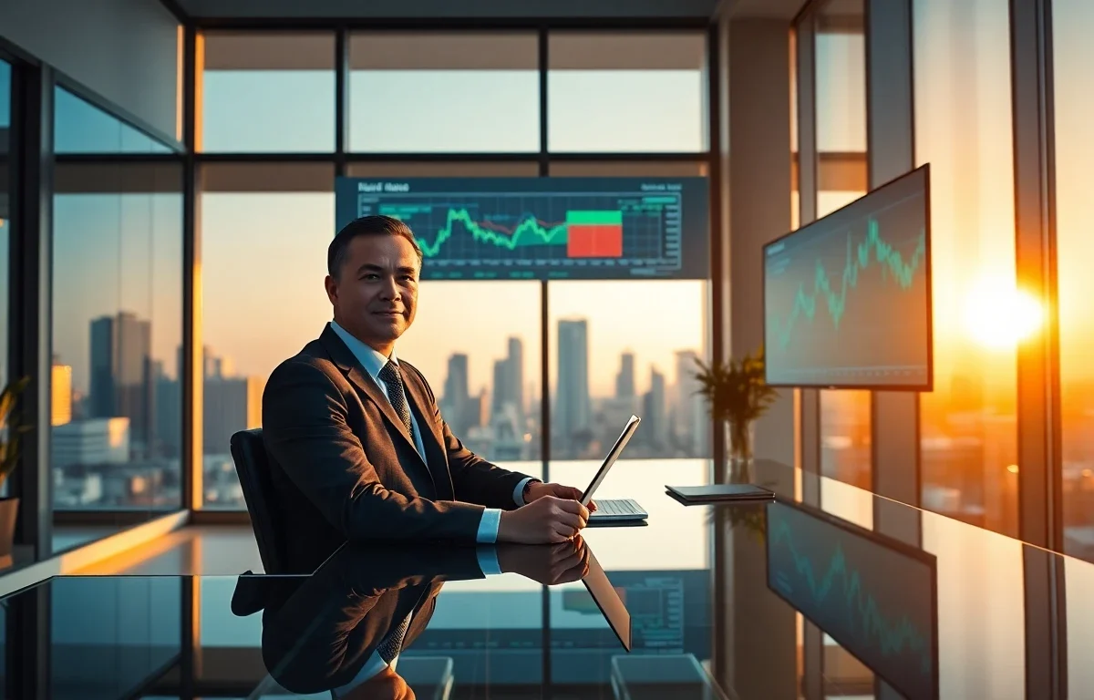 Cinematic wide banner of a professional financial advisor in modern office with digital charts
