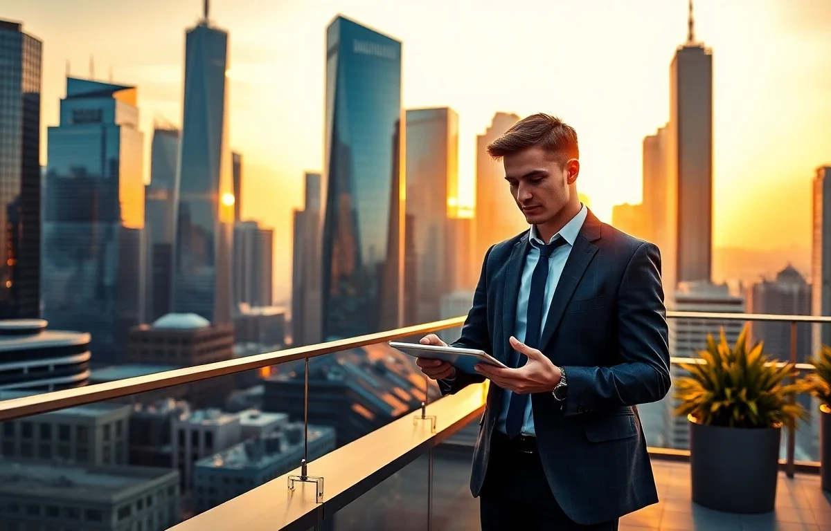 cinematic city skyline with financial analyst reviewing charts at sunset