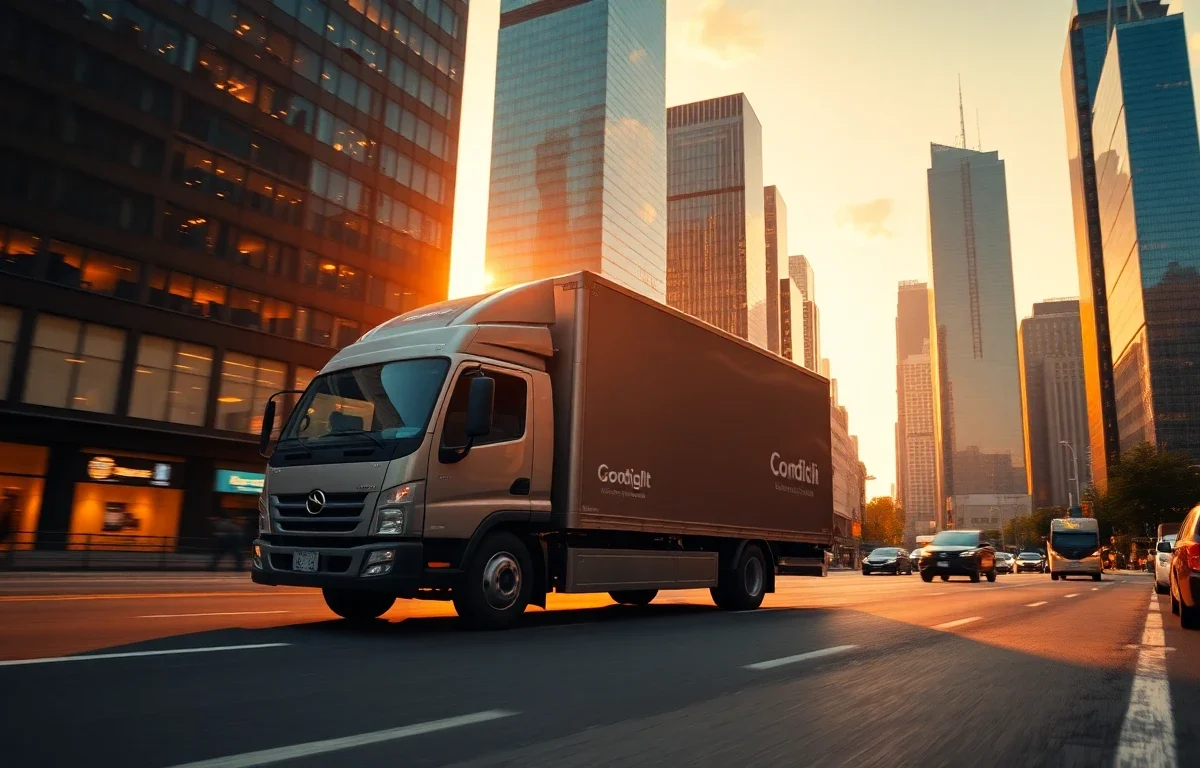 Cinematic wide banner of delivery truck in city at golden hour, professional logistics scene, vibrant city lights