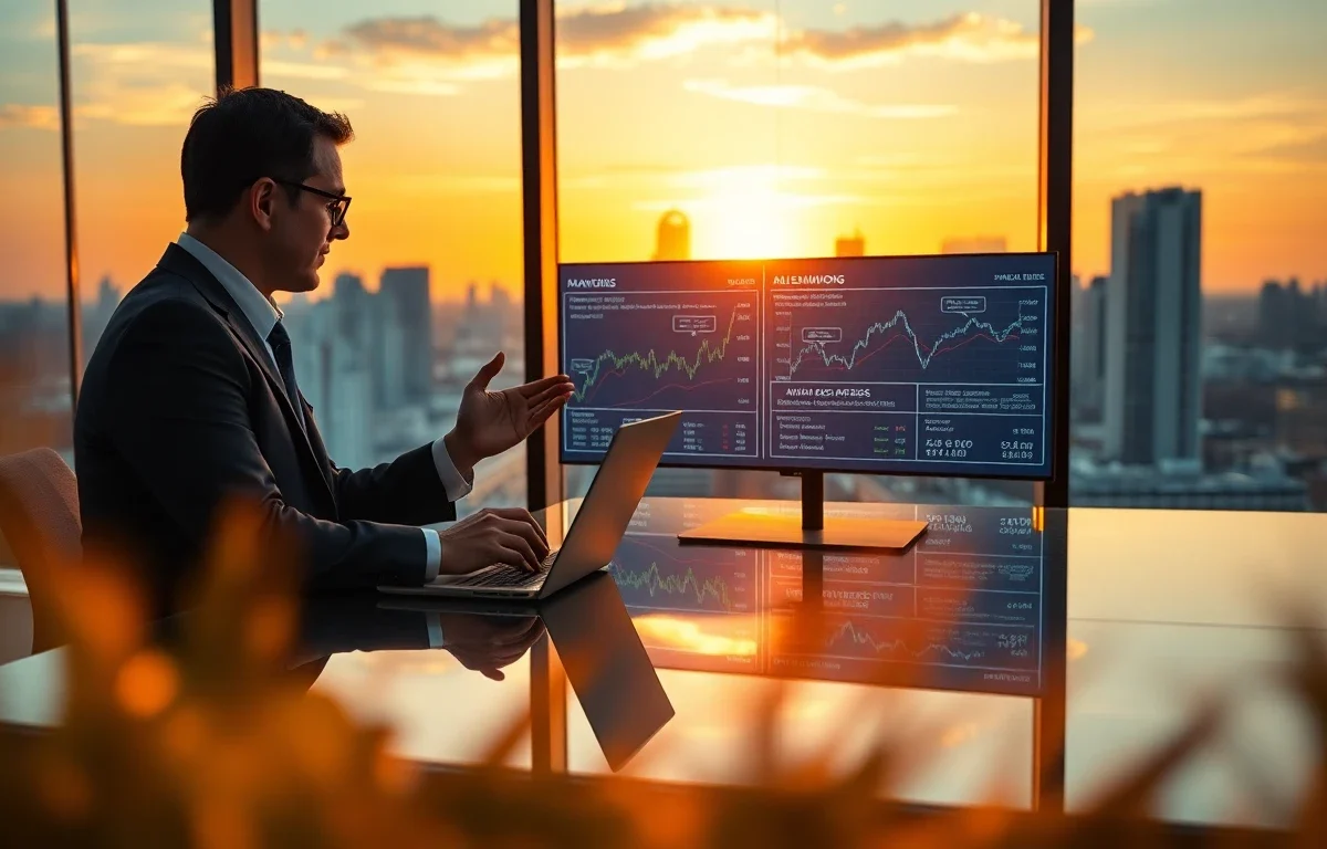 Professional financial advisor in modern office with financial graphs and disclaimers at sunset