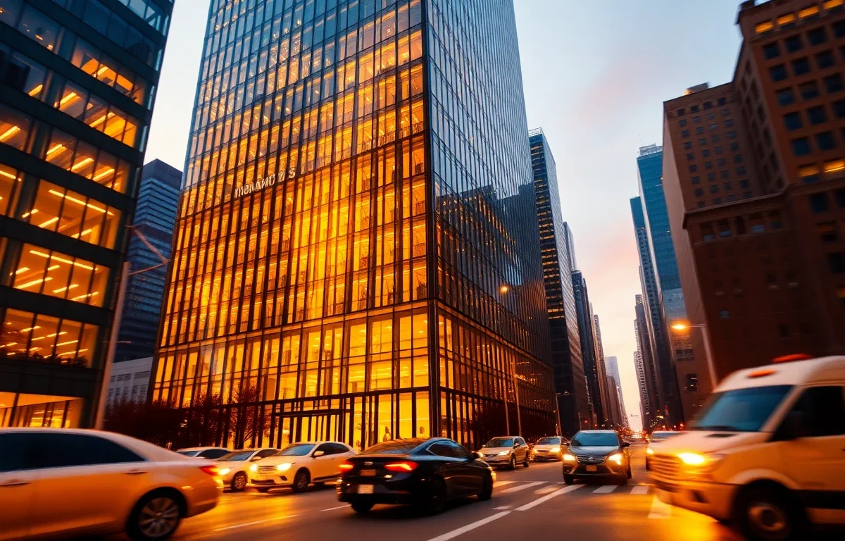 Modern financial office building at sunset reflecting innovation and stability