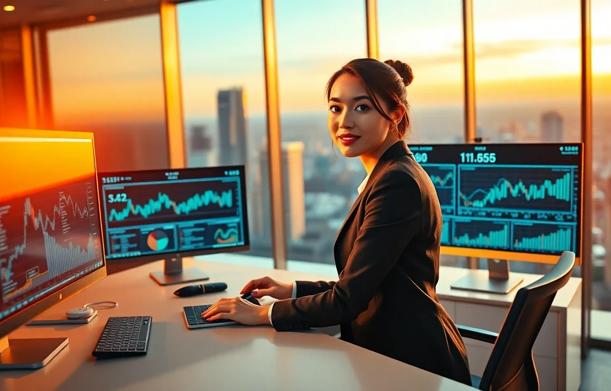 Modern digital financial workspace with professional woman, conveying order and clarity in finance