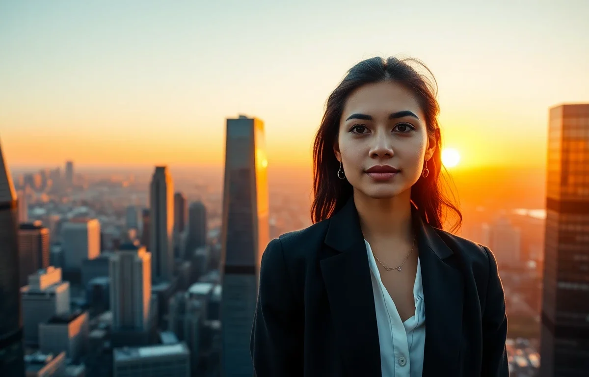 professional woman skyscraper sunset advertising banner urban skyline