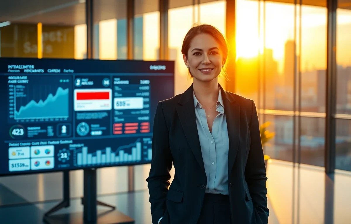 Modern office scene with professional woman and digital content removal graphics during golden hour