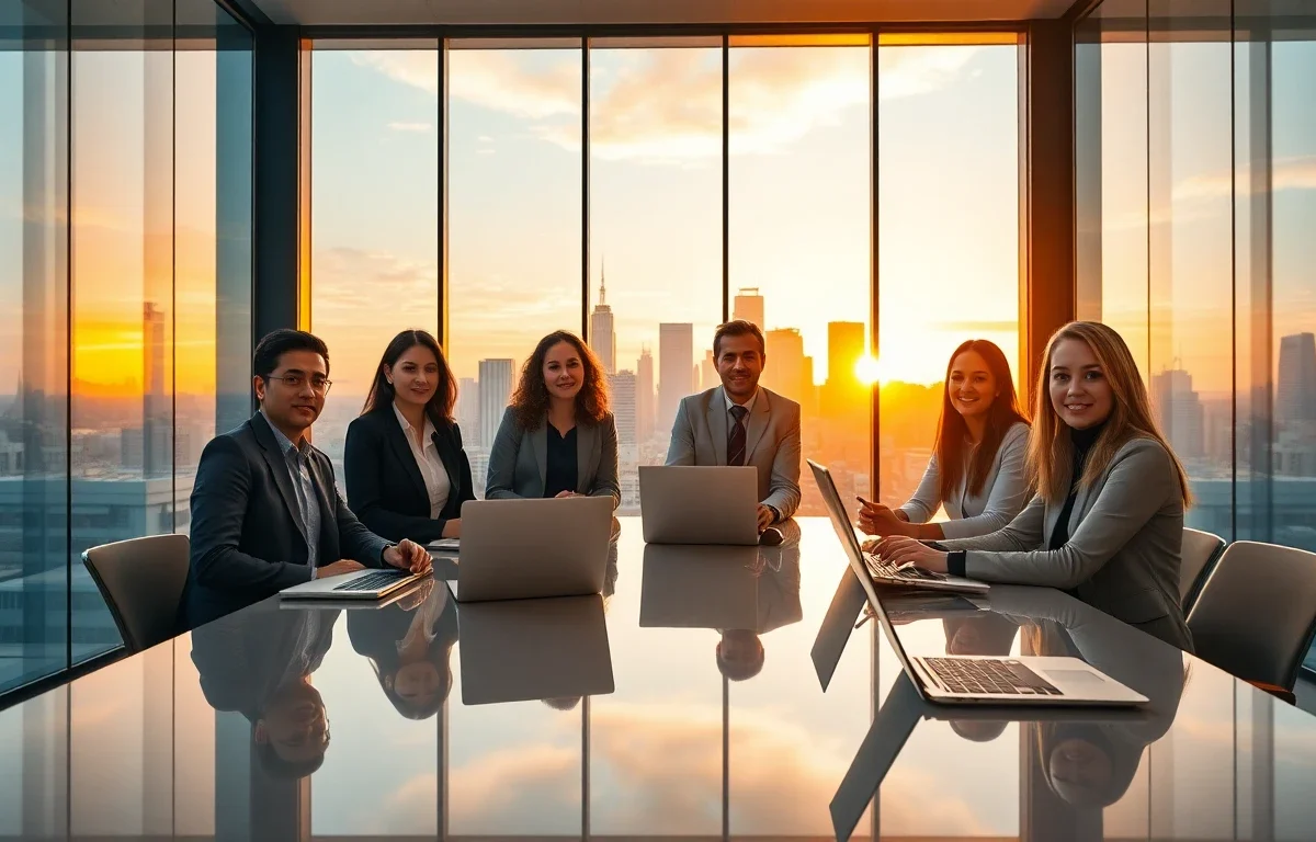 Diverse professional contributors collaborating in modern office during sunset