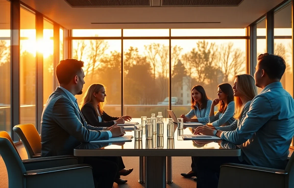 Modern conference room with professionals discussing finance case studies during golden hour