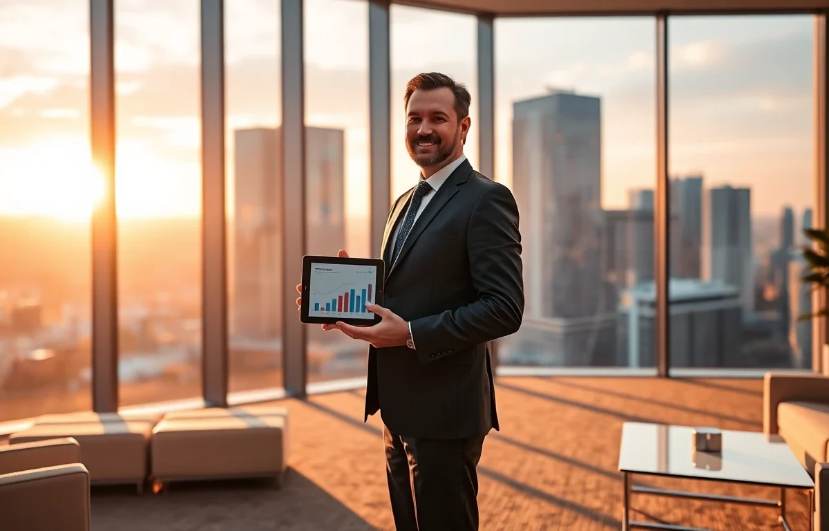professional financial advisor in modern office with city skyline at sunset, warm lighting