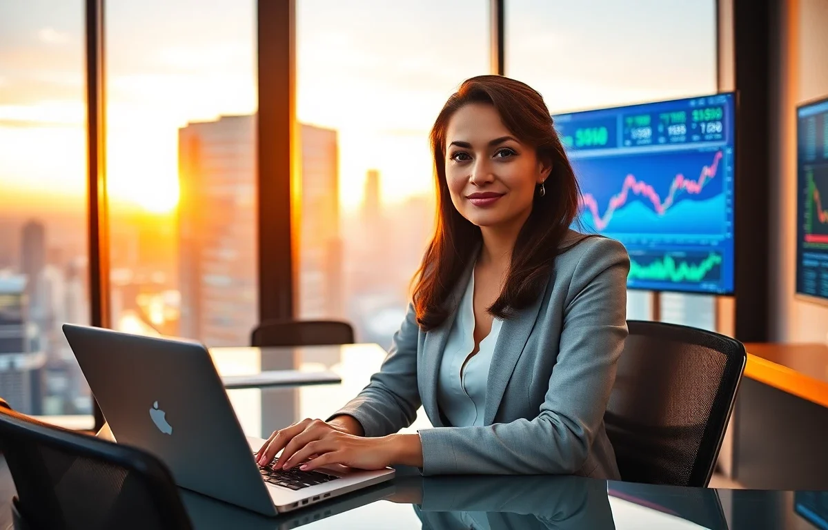 Cinematic wide banner of a female finance professional in a modern office at sunset