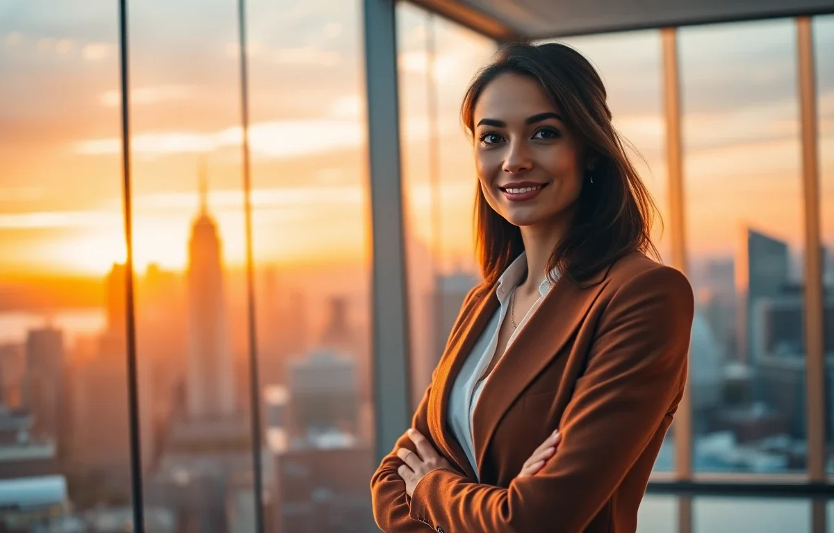 Cinematic wide banner of confident female finance professional in modern office at sunset
