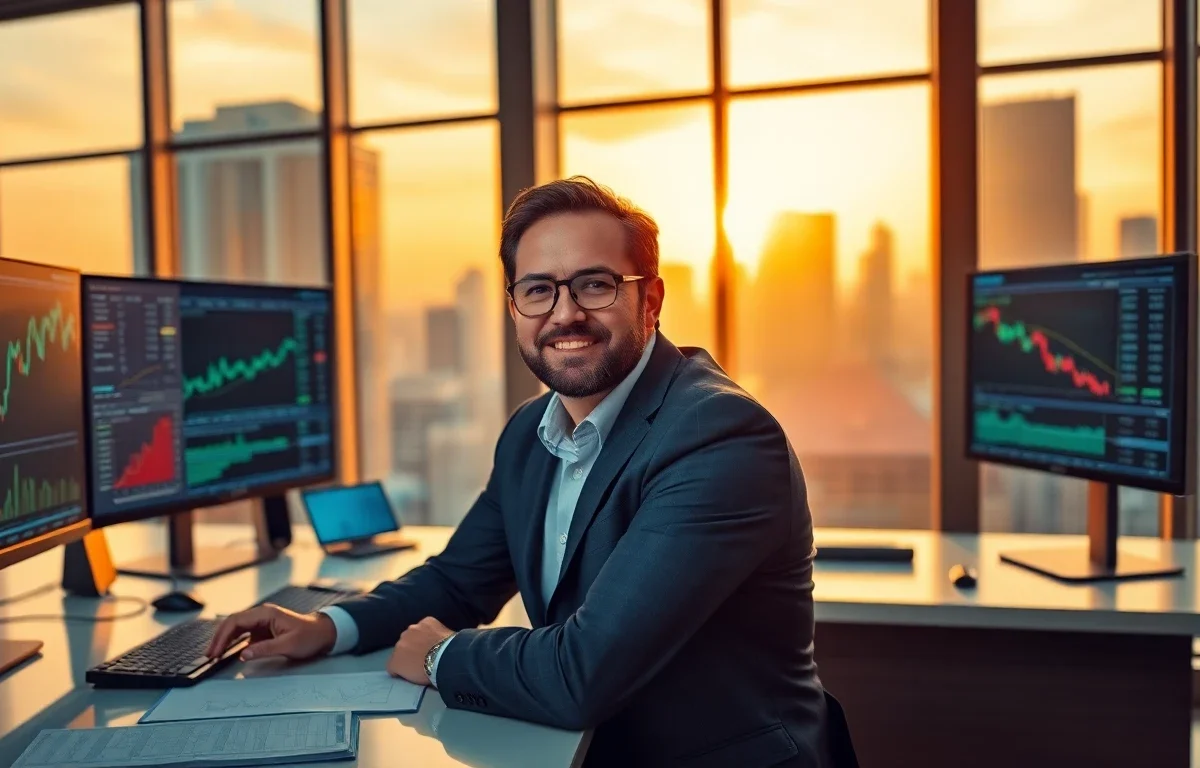professional financial analyst in a modern office with city skyline during golden hour