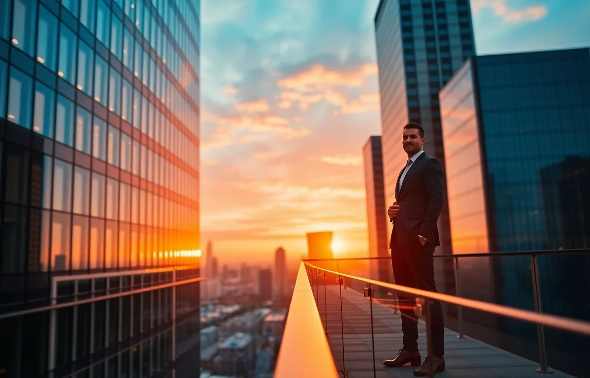Modern office building at sunset with professional on balcony, representing trust and connectivity