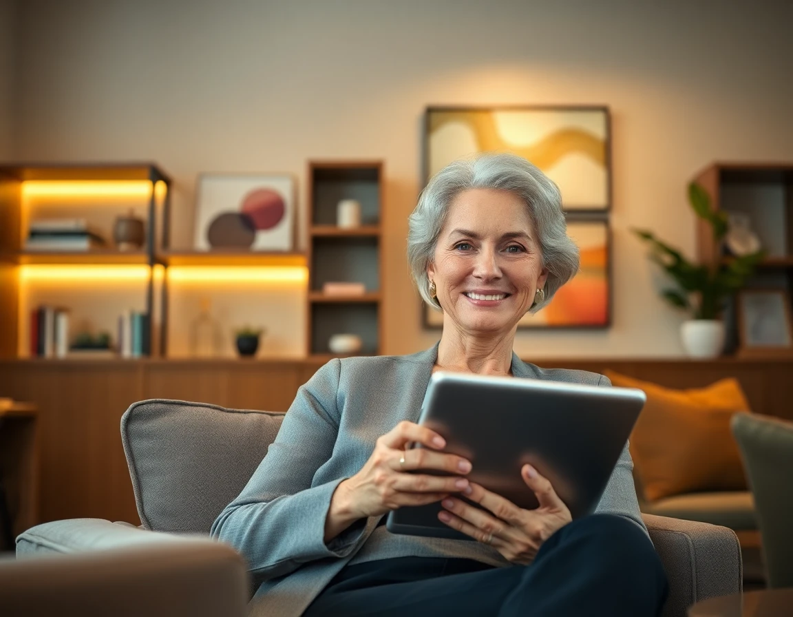 confident businesswoman smiling with digital tablet in modern lounge for testimonials