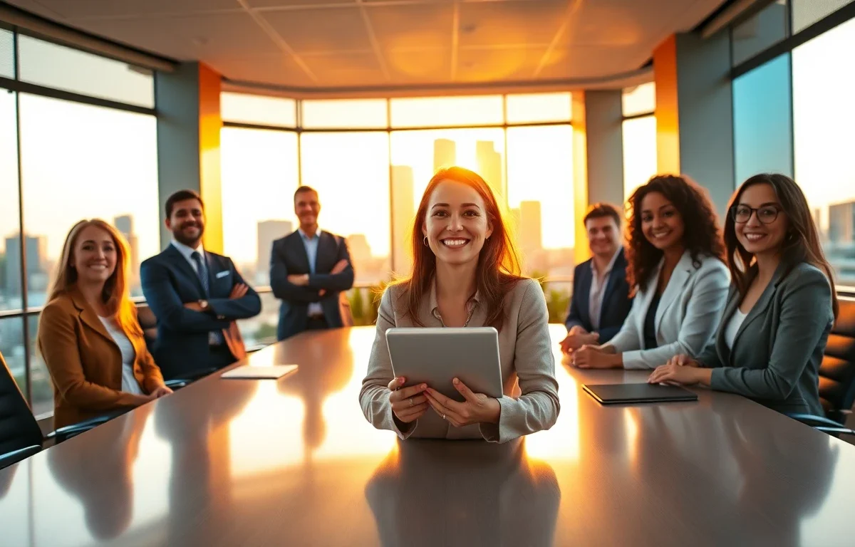 professional diverse team in modern office during golden hour for testimonials banner