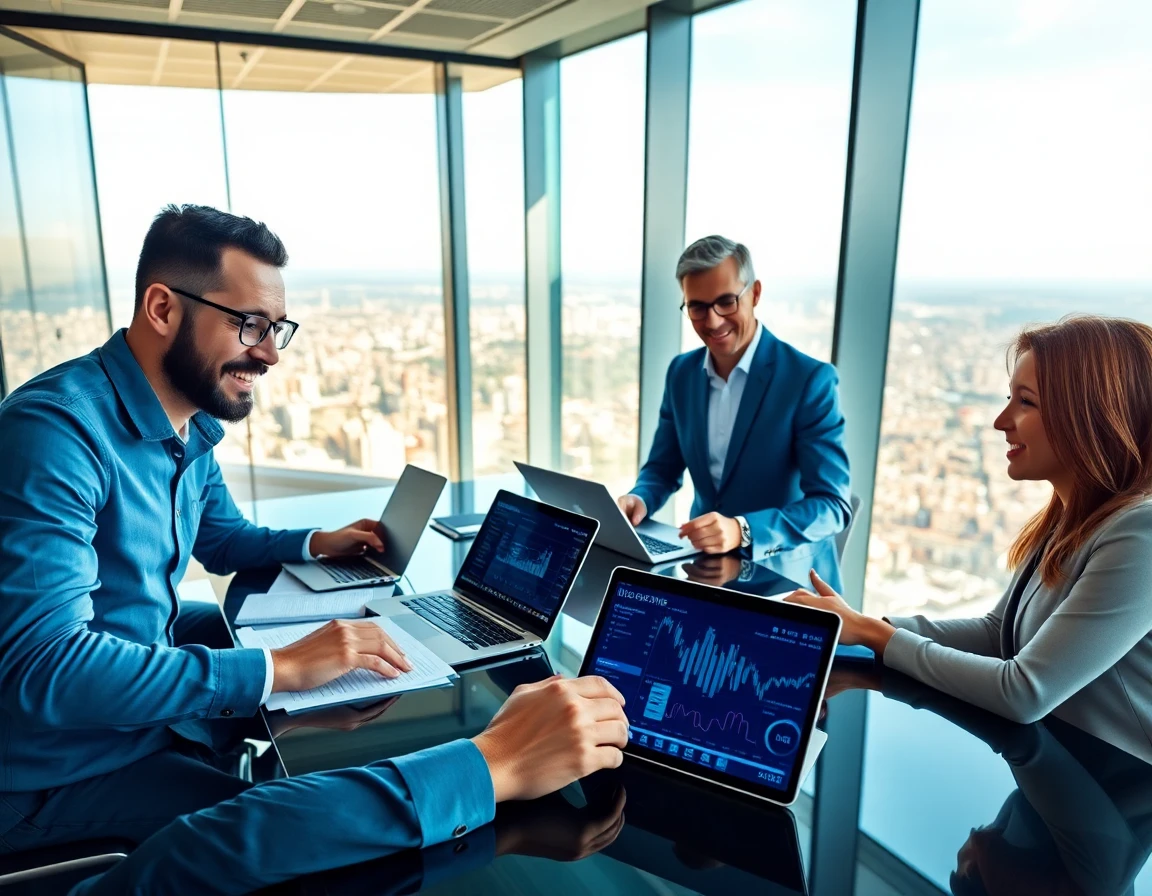 diverse professionals collaborating with laptops and financial data in a high-rise office