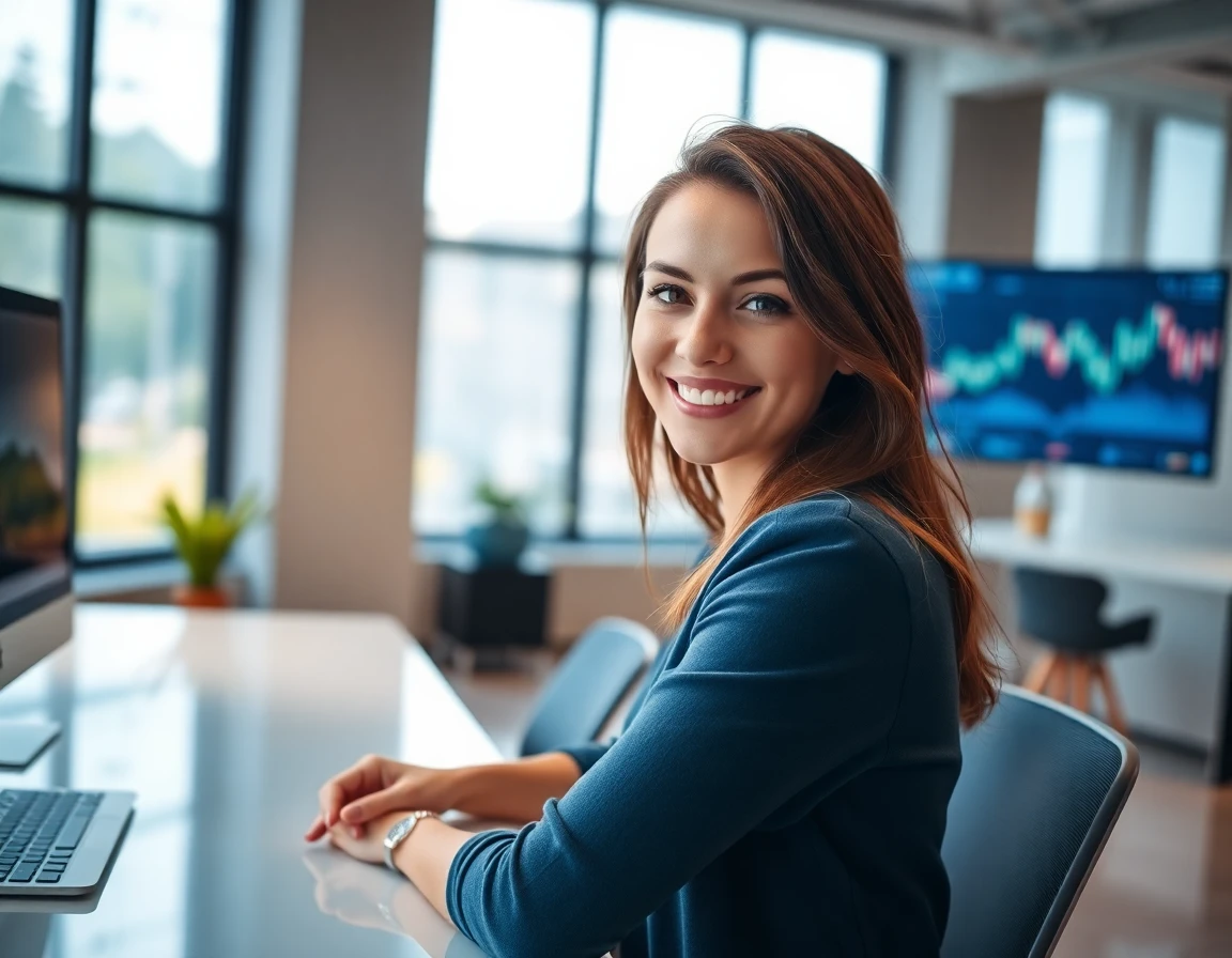 Young woman smiling at her desk in a bright modern finance workspace
