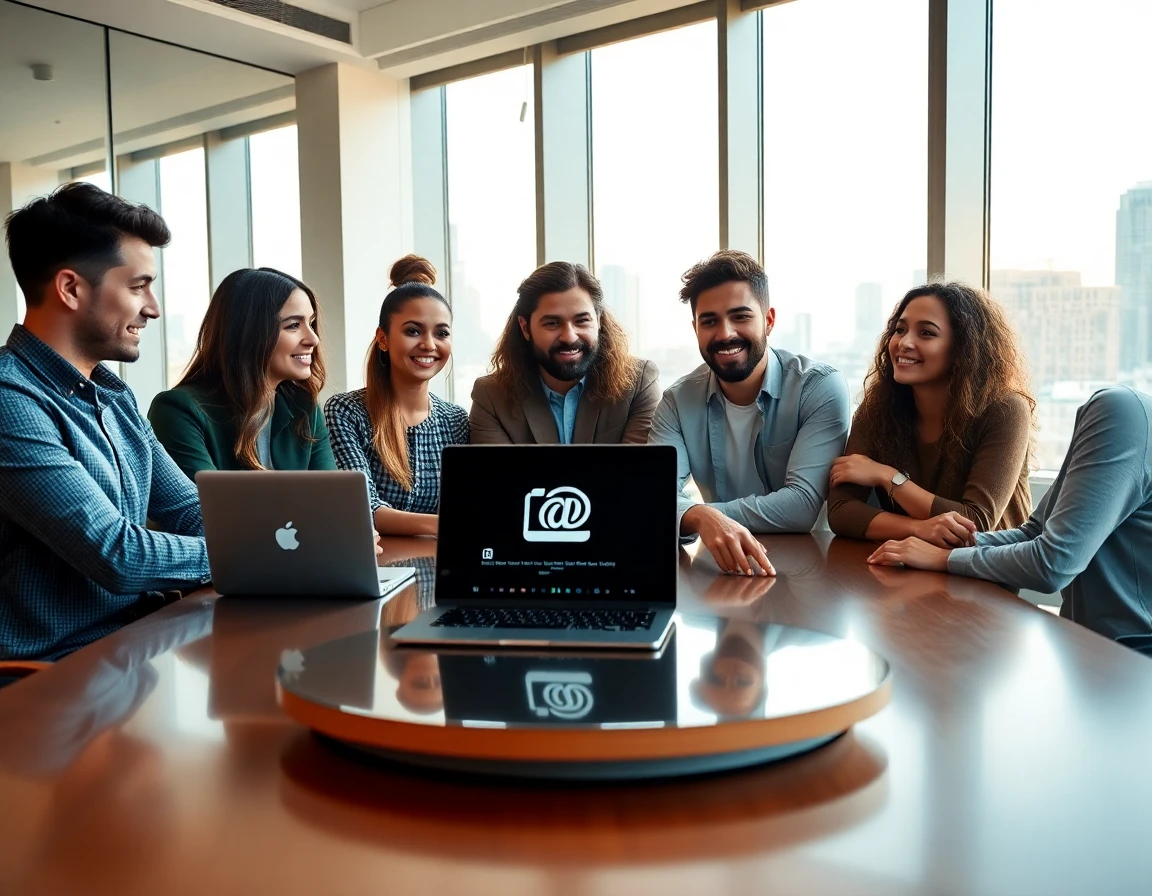 Young content creators discussing copyright issues in a bright modern office