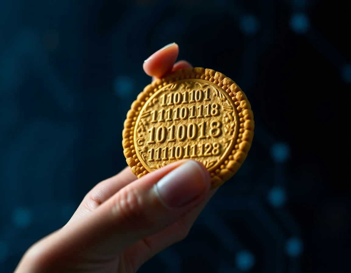 Close-up of golden cookie with binary code, symbolizing data security and privacy