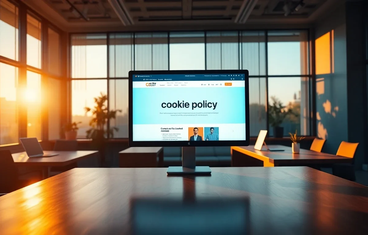 Corporate workspace with computer screen displaying cookie policy webpage, professional digital environment