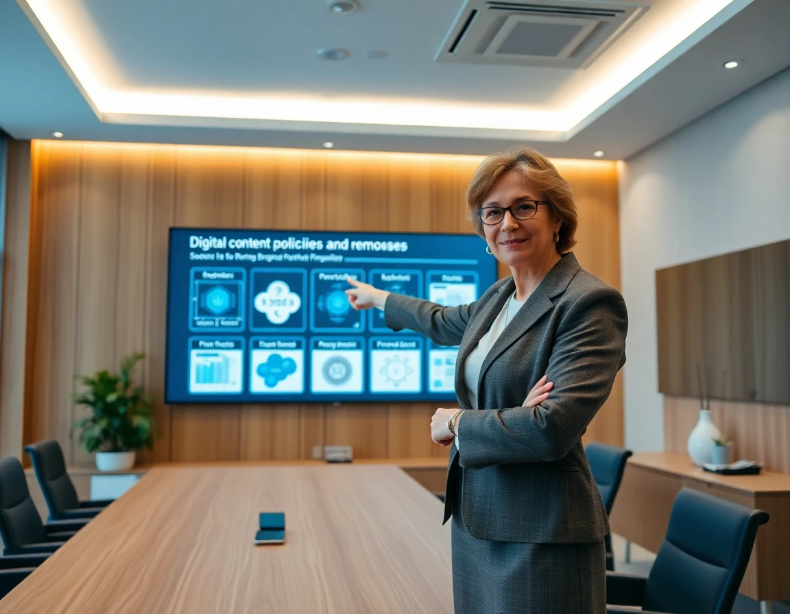 Corporate lawyer presenting digital content removal and policy diagrams in a modern conference room