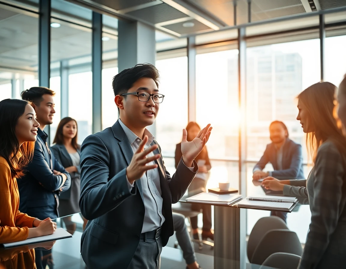diverse professionals collaborating in modern office during presentation