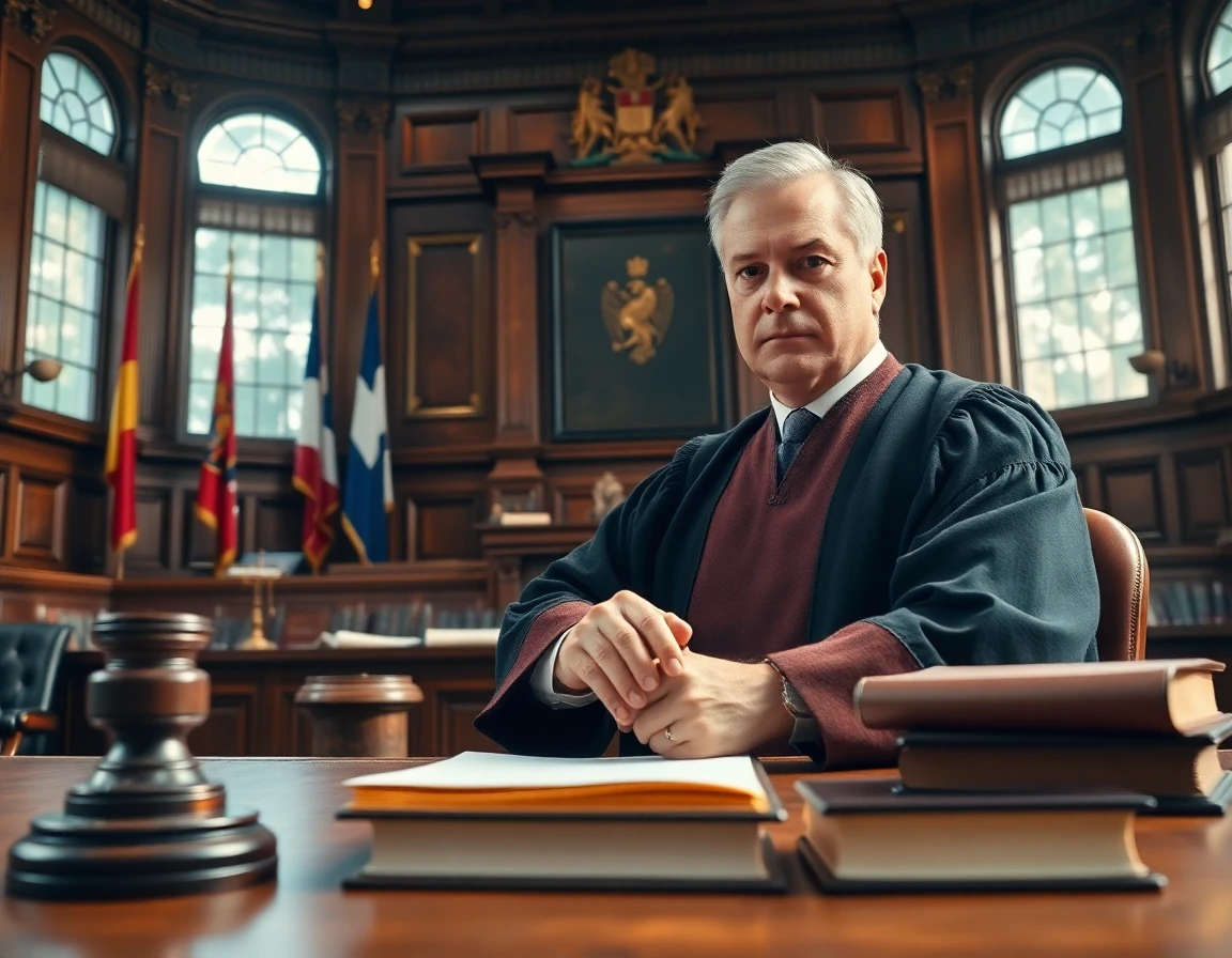 Judge presiding over copyright infringement case in a grand courtroom