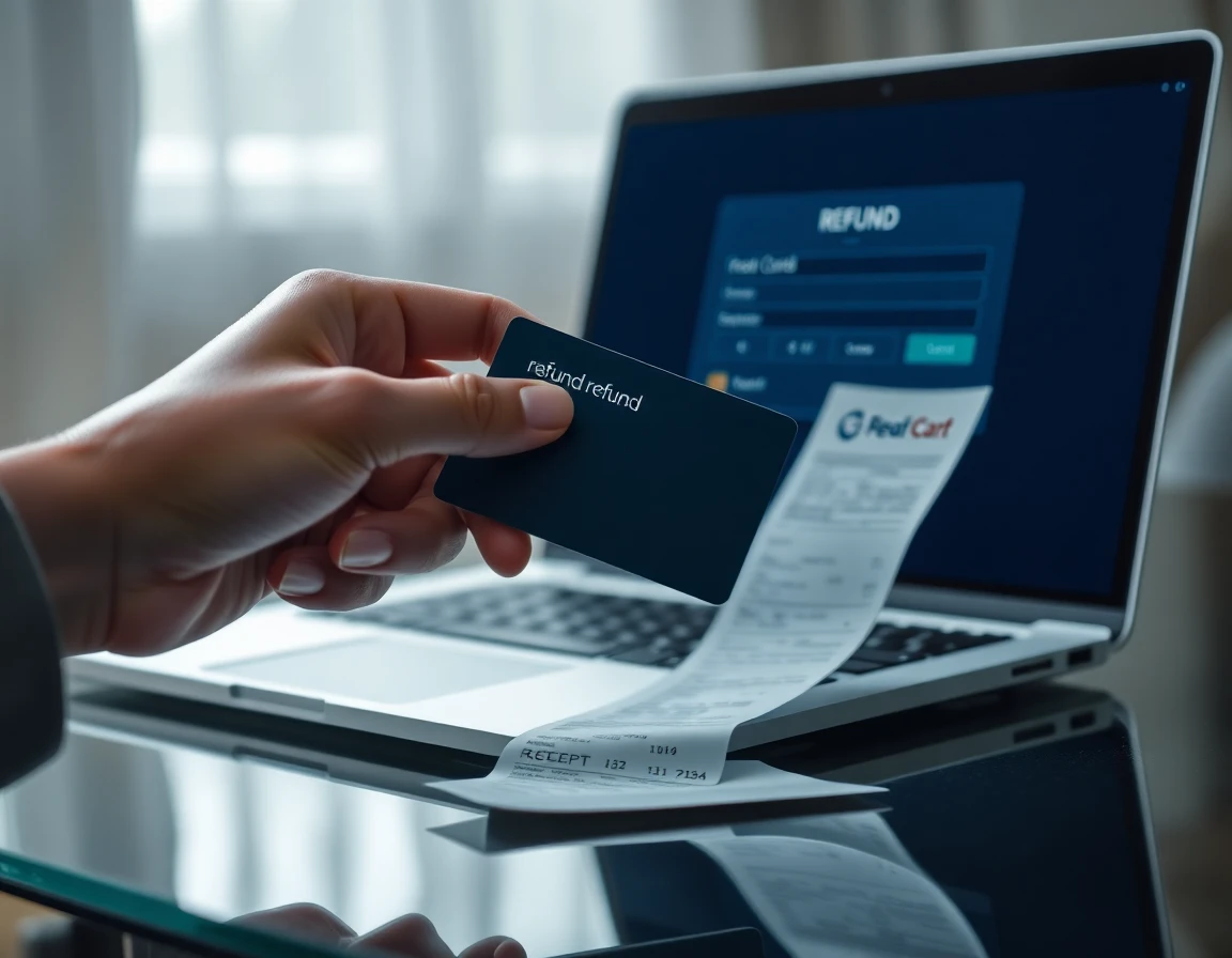 Close-up of credit card and receipt on desk with refund confirmation on laptop