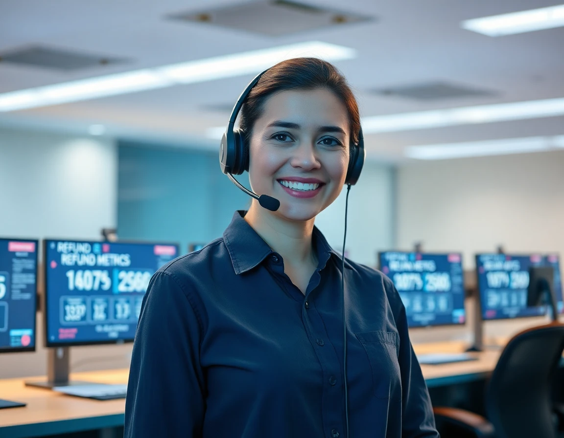 Customer service representative in call center with refund metrics on monitors