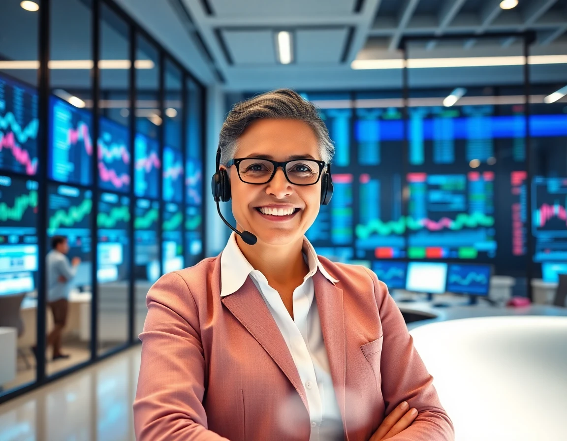 Friendly customer service representative with headset in modern office environment