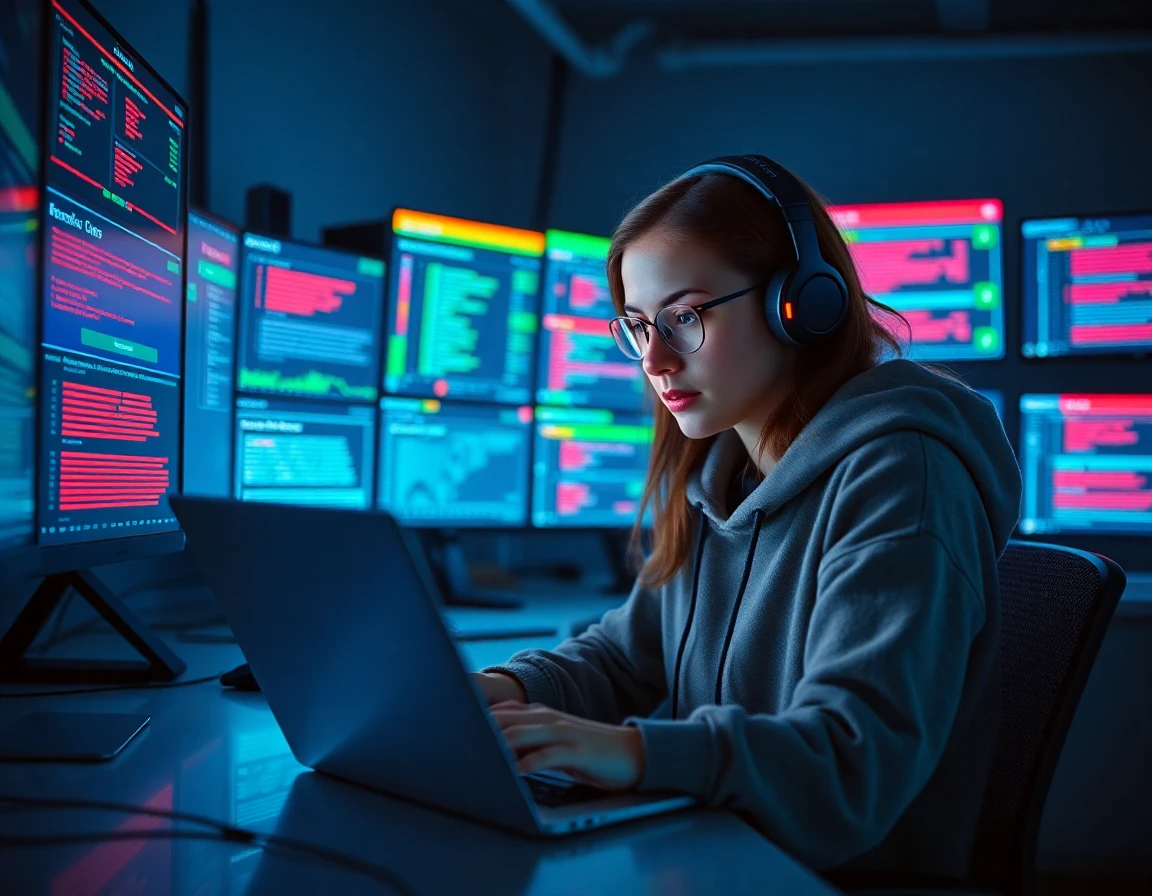 Cybersecurity analyst working on data breach visualization and content removal tools at desk