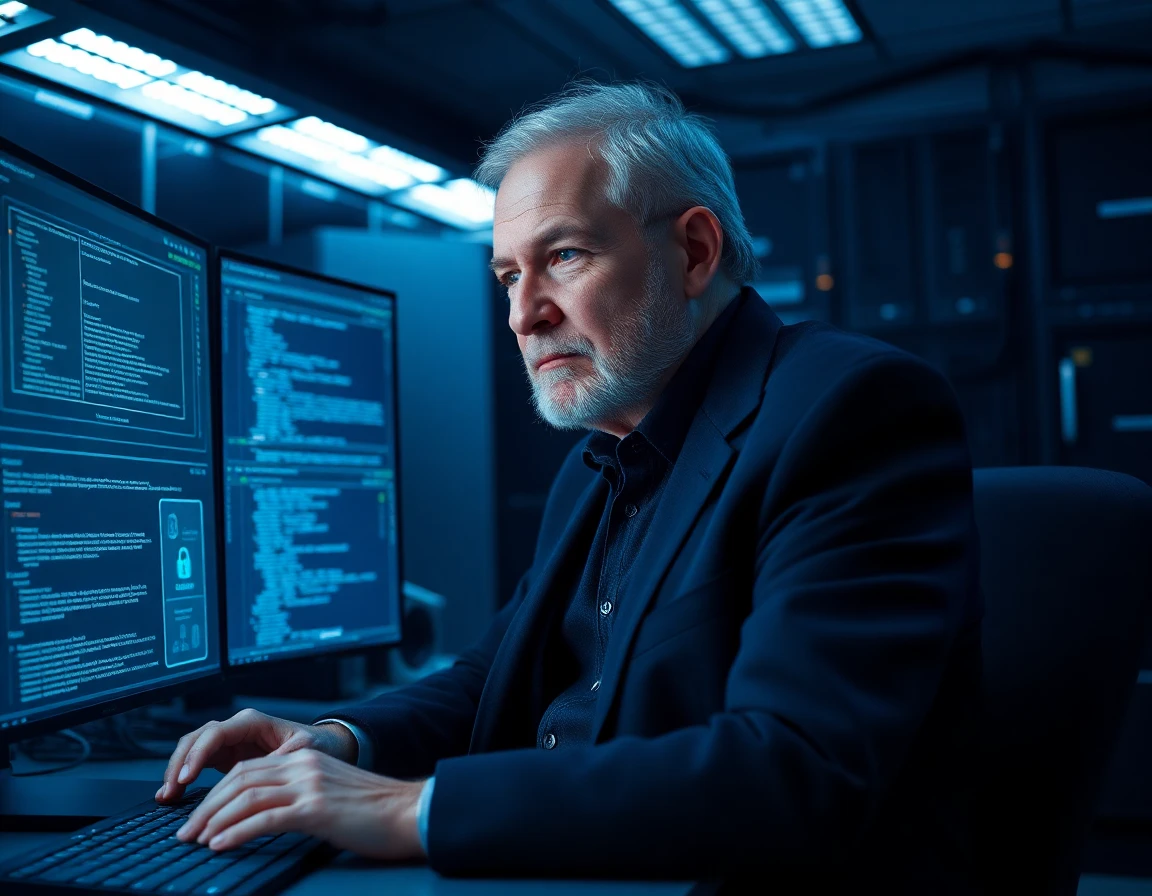 Senior cybersecurity expert reviewing privacy data in a dimly lit office