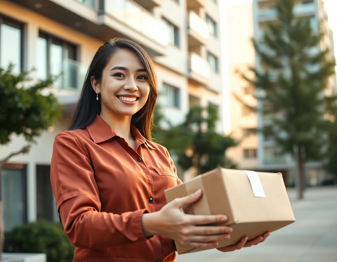 Young delivery courier smiling handing package to customer outside apartment building