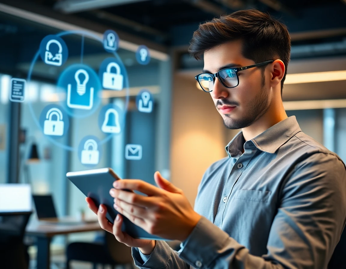 Tech professional reviewing digital copyright policies on a tablet in an office
