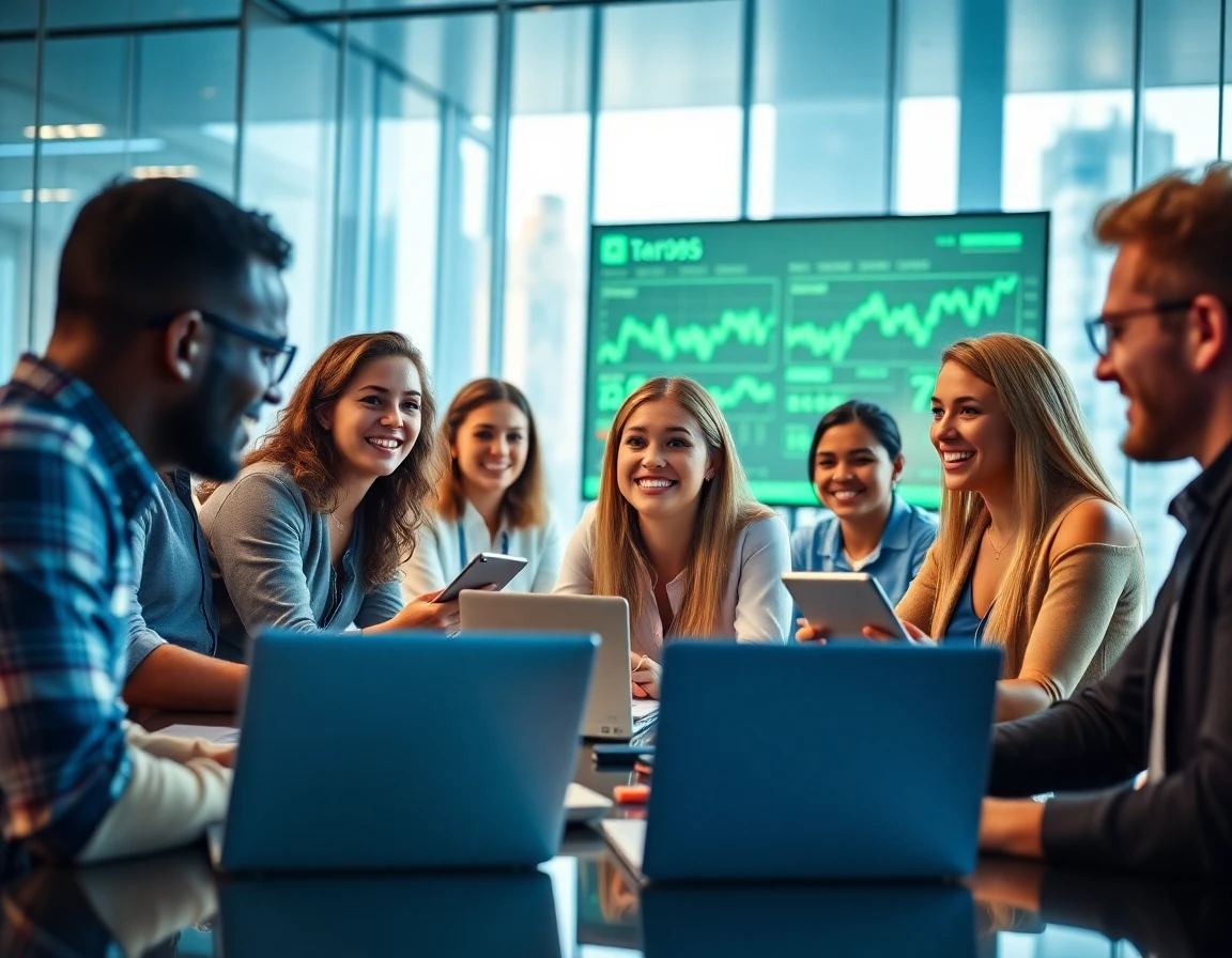 Diverse young professionals collaborating in modern conference room with financial data