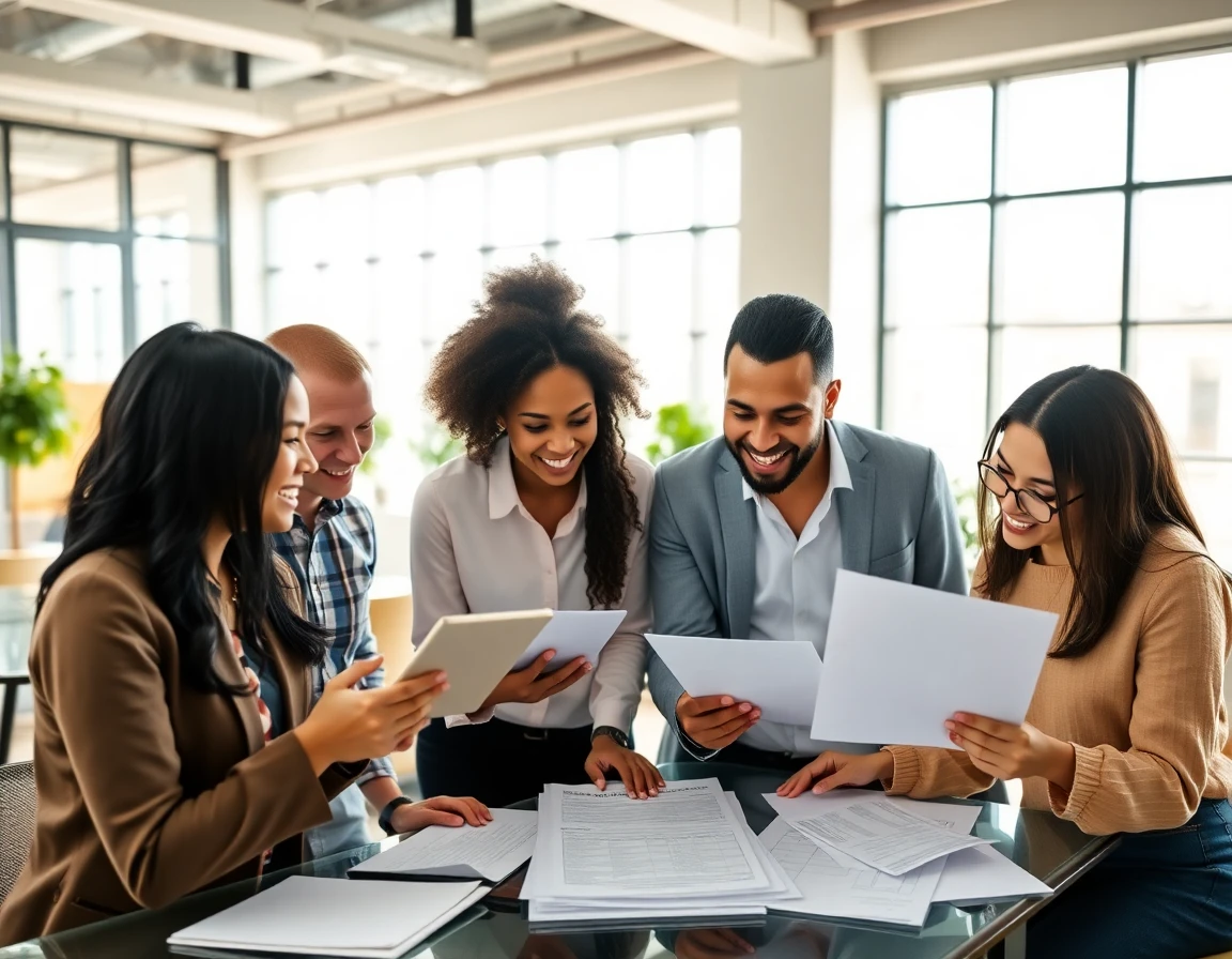 Diverse young professionals collaborating on financial projects in modern workspace